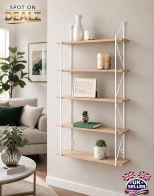 5 Tier Modern white floating decorative hanging shelves with MDF Oak wood and metal wire frame