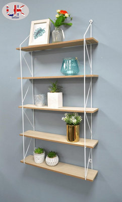 5 Tier Modern white floating decorative hanging shelves with MDF Oak wood and metal wire frame