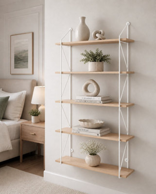 5 Tier Modern white floating decorative hanging shelves with MDF Oak wood and metal wire frame