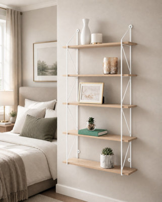 5 Tier Modern white floating decorative hanging shelves with MDF Oak wood and metal wire frame