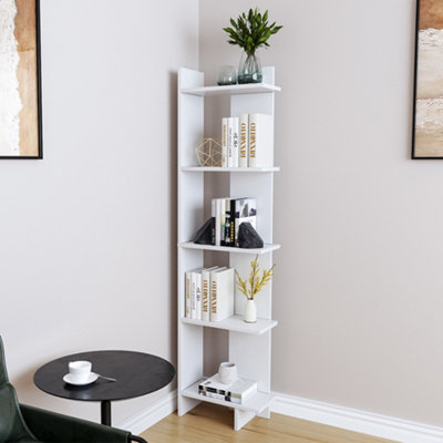 5 Tier Modern White Wooden Corner Bookcase Ladder Shelf Plants Stand