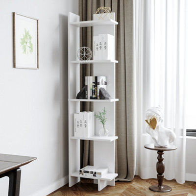 5 Tier Modern White Wooden Corner Bookcase Ladder Shelf Plants Stand