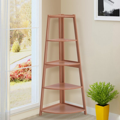 5 Tier Natural Wooden Corner Shelf Rack Shelf Bookcase Standing Living Room Shelving Unit