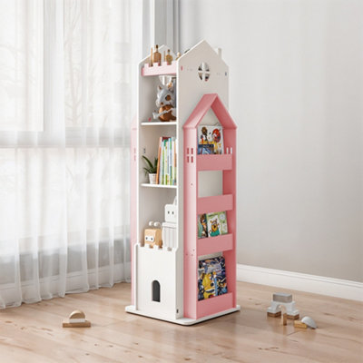 5-Tier Pink and White Wooden Castle Kids Rotating Bookcase Bookshelf