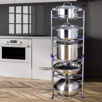 5 Tier Round Kitchen Pan Pot Rack Carbon Steel Wire Storage Organizer Stand for Cookware, Pots & Pans Space Saving standing Shelf