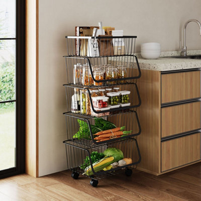 5-Tier Stackable Metal Wire Basket Cart, Rolling Kitchen Storage Rack ...