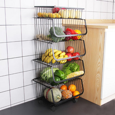 5 Tier Stackable Rolling Metal Wire Basket Trolley Rack Fruit Vegetable ...