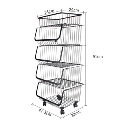 5 Tier Stackable Rolling Metal Wire Basket Trolley Rack Fruit Vegetable ...