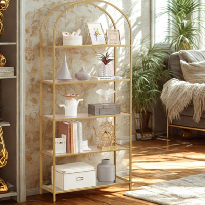 5 Tier Tempered Glass Storage Shelves Unit Gold