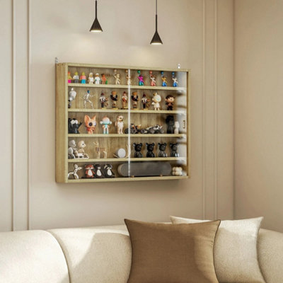 5-Tier Wall Display Shelf Unit Cabinet Shelves Glass Doors Oak