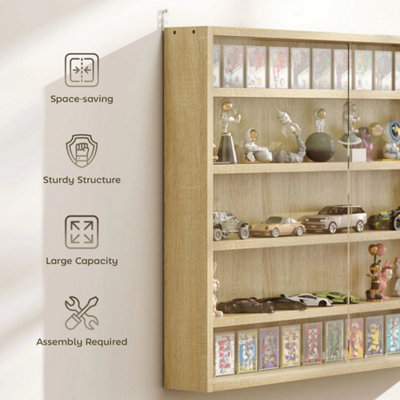 5-Tier Wall Display Shelf Unit Cabinet Shelves Glass Doors Oak