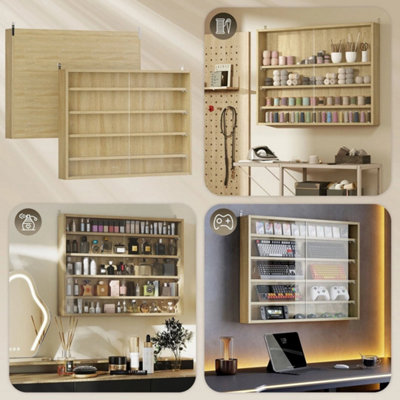 5-Tier Wall Display Shelf Unit Cabinet Shelves Glass Doors Oak