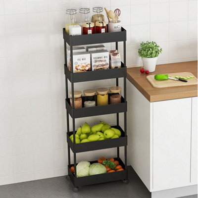 5 Tiers Black Plastic Slim Kitchen Shelf Bathroom Storage Rack Trolley Cart