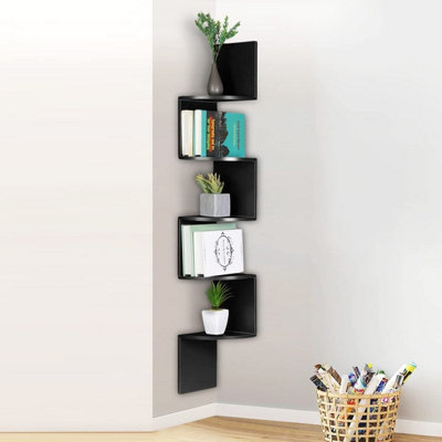 5 Tiers Wall Mount Corner DIY Wooden Shelf Floating - Black