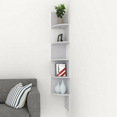 5 Tiers Wall Mount Corner DIY Wooden Shelf Floating - White