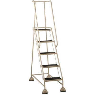 5 Tread Beige Mobile Warehouse Steps with Safety Features and Wheels