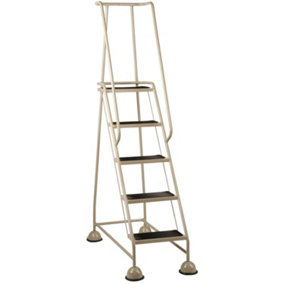 5 Tread Mobile Warehouse Steps BEIGE 1.94m Portable Safety Ladder & Wheels
