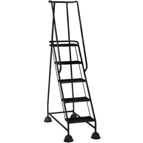 5 Tread Mobile Warehouse Steps BLACK 1.94m Portable Safety Ladder & Wheels