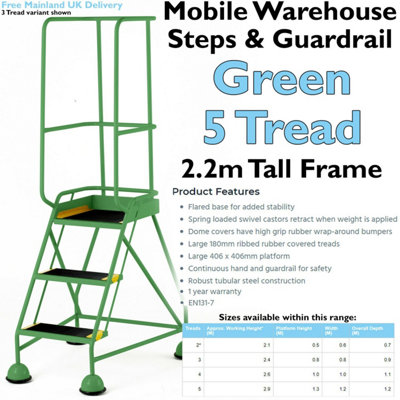 5 Tread Mobile Warehouse Steps & Guardrail GREEN 2.2m Portable Safety Stairs