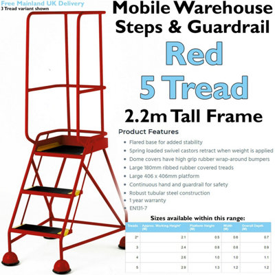 5 Tread Mobile Warehouse Steps & Guardrail RED 2.2m Portable Safety Stairs