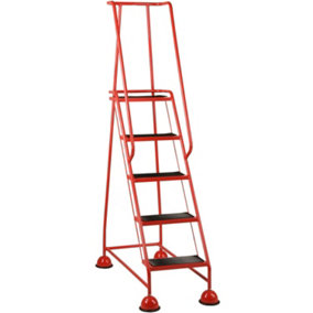5 Tread Mobile Warehouse Steps RED 1.94m Portable Safety Ladder & Wheels