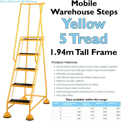 5 Tread Mobile Warehouse Steps YELLOW 1.94m Portable Safety Ladder & Wheels