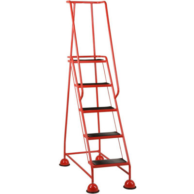 5 Tread Portable Safety Ladder with Wheels - Red Mobile Warehouse Steps 1.94m