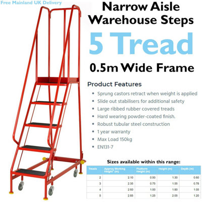 5 Tread x 0.5m Wide Narrow Aisle Warehouse Stairs 2m Non Slip Platform Steps