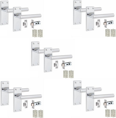 5 Victorian Straight T-Bar Handle Sets, Polished Chrome, 1 Pair 3" Ball Bearing Hinges, Latches Pack, 120mm x 40mm - Golden Grace