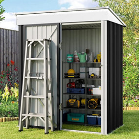 5 x 3 ft Black Metal Shed Garden Storage Shed Pent Roof Lockable Door with Tool Storage Shelves