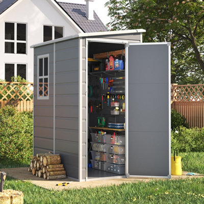 5 x 4 ft Pent Plastic Shed Garden Storage Shed Tool Shed with Window and Lockable Door, Grey