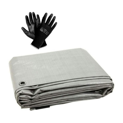 5 x 8 m Tarpaulin Cover - Silver 90GSM - Waterproof, Weatherproof, Frost-Resistant, UV Protection + Work Gloves