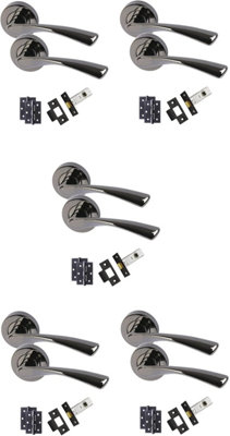 5 x Astrid Modern Door Handles on Rose Black Nickel Finish Hinge and Latch Pack