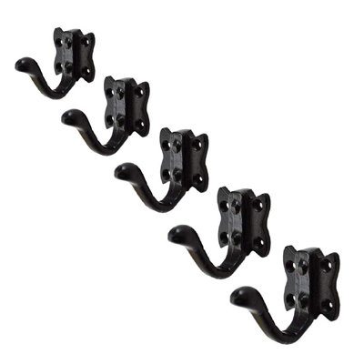 5 x Black Cast Iron Tudor Single Coat Hooks, Antique Door Robe & Dress Hangers