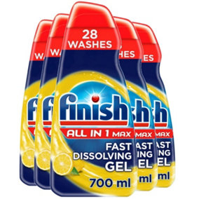 5 x Finish All In One Max Dishwasher Degreaser Fast Dissolving Gel Lemon 700 ml