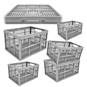5 x Grey 32L Plastic Folding Crate Boxes With Handles Collapsible, Foldable & Stackable