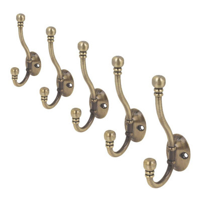 5 x Metal Double Antique Brass Hat and Coat Hooks Door Robe Dress Ball End
