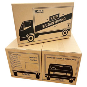 5 x Strong Large Cardboard Storage Moving House Packing Boxes 52cm x 30cm x 30cm 47 Litres Carry Handles and Room List