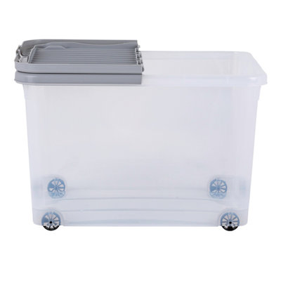 5 x Wham 44L Stackable Plastic Storage Box with Wheels & Folding Lid Clear/Cool Grey - 3