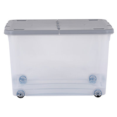 5 x Wham 44L Stackable Plastic Storage Box with Wheels & Folding Lid Clear/Cool Grey - 4