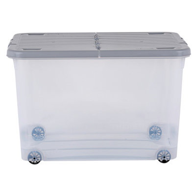 5 x Wham 44L Stackable Plastic Storage Box with Wheels & Folding Lid Clear/Cool Grey