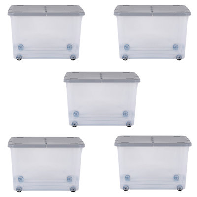 5 x Wham 44L Stackable Plastic Storage Box with Wheels & Folding Lid Clear/Cool Grey - 5