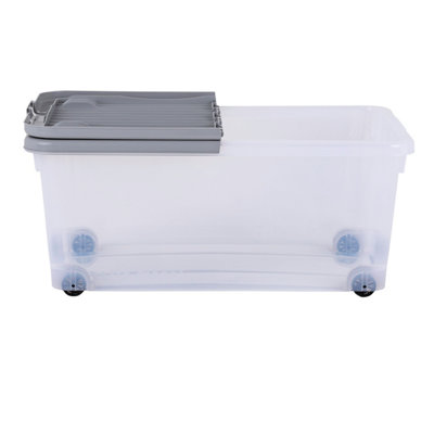 5 x Wham 45L Stackable Plastic Storage Box with Wheels & Folding Lid Clear/Cool Grey