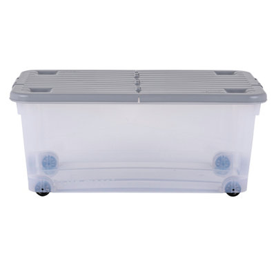 5 x Wham 45L Stackable Plastic Storage Box with Wheels & Folding Lid Clear/Cool Grey - 4