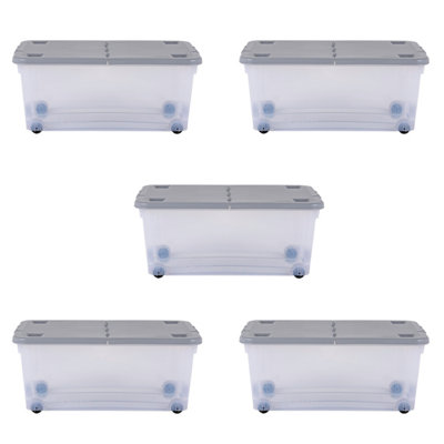 5 x Wham 45L Stackable Plastic Storage Box with Wheels & Folding Lid Clear/Cool Grey - 5