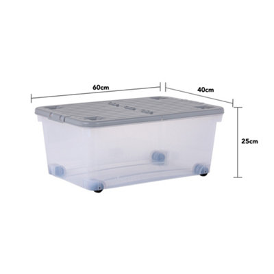 5 x Wham 45L Stackable Plastic Storage Box with Wheels & Folding Lid Clear/Cool Grey - 6