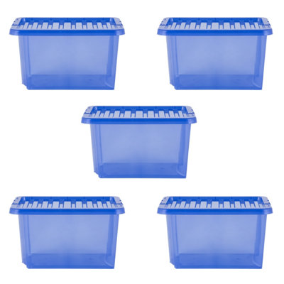 5 x Wham Crystal 28L Stackable Plastic Storage Box & Lid Tint Spectrum Blue