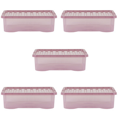 5 x Wham Crystal 32L Stackable Plastic Storage Box & Lid Tint Dusky Orchid