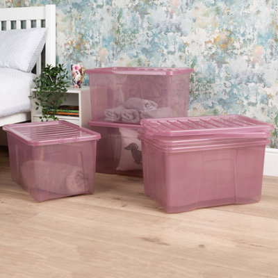 5 x Wham Crystal 60L Stackable Plastic Storage Box & Lid Tint Dusky Orchid