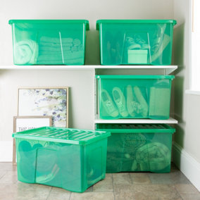 5 x Wham Crystal 60L Stackable Plastic Storage Box & Lid Tint Leprechaun Green